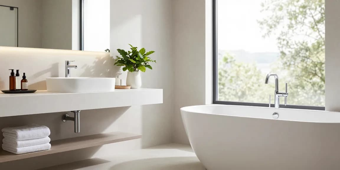 Elegant bathroom featuring KingKonree solid surface bathtub and wall basin with designer countertop.