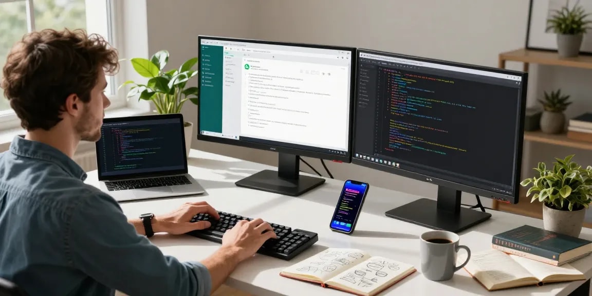 Developer using WhatsApp電腦版 at a sleek workspace with dual monitors and coding elements.