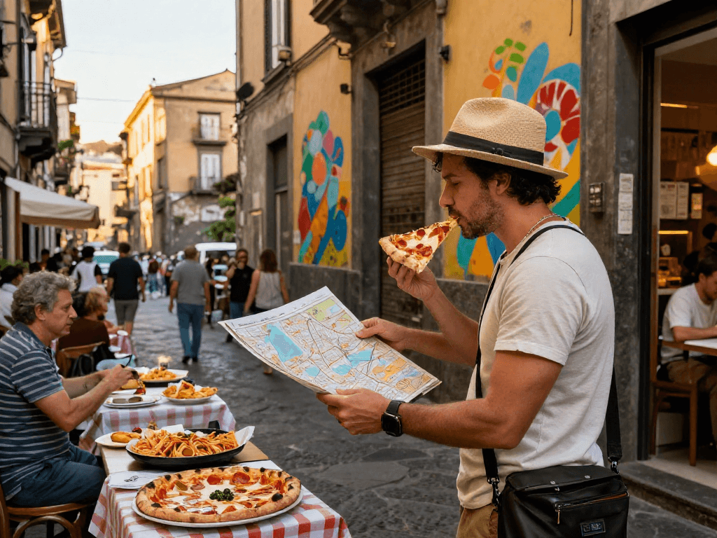 Experiencing lavowin login amidst Naples' vibrant streets while enjoying traditional cuisine.