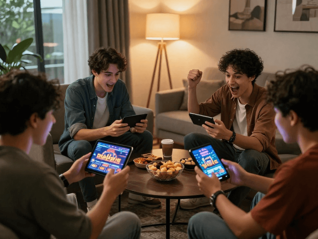 Players enjoying RAJA328 games in a cozy setting while logging in raja328 on multiple devices.