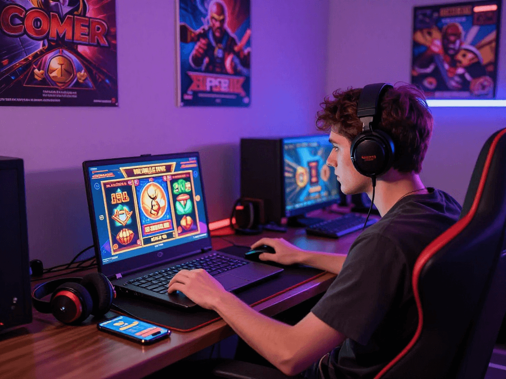 Engaging online gaming experience with gacor slot games on a laptop, vibrant setup.