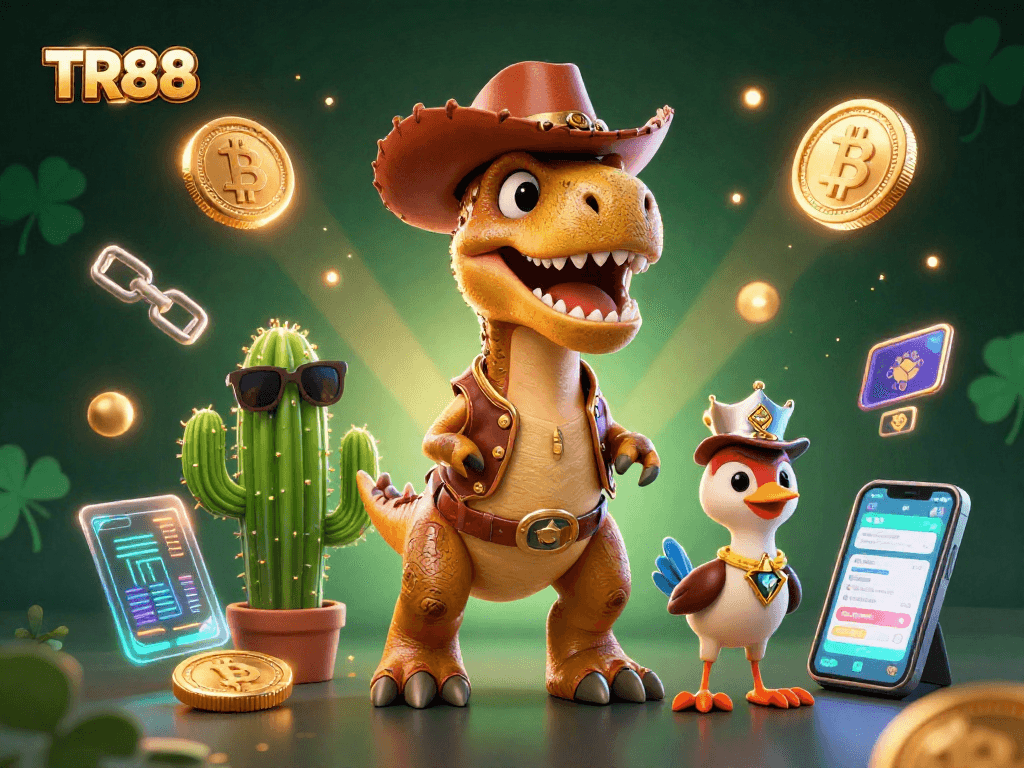 TR88's dynamic scene showcasing a cowboy dinosaur with crypto symbols in an engaging casino environment.