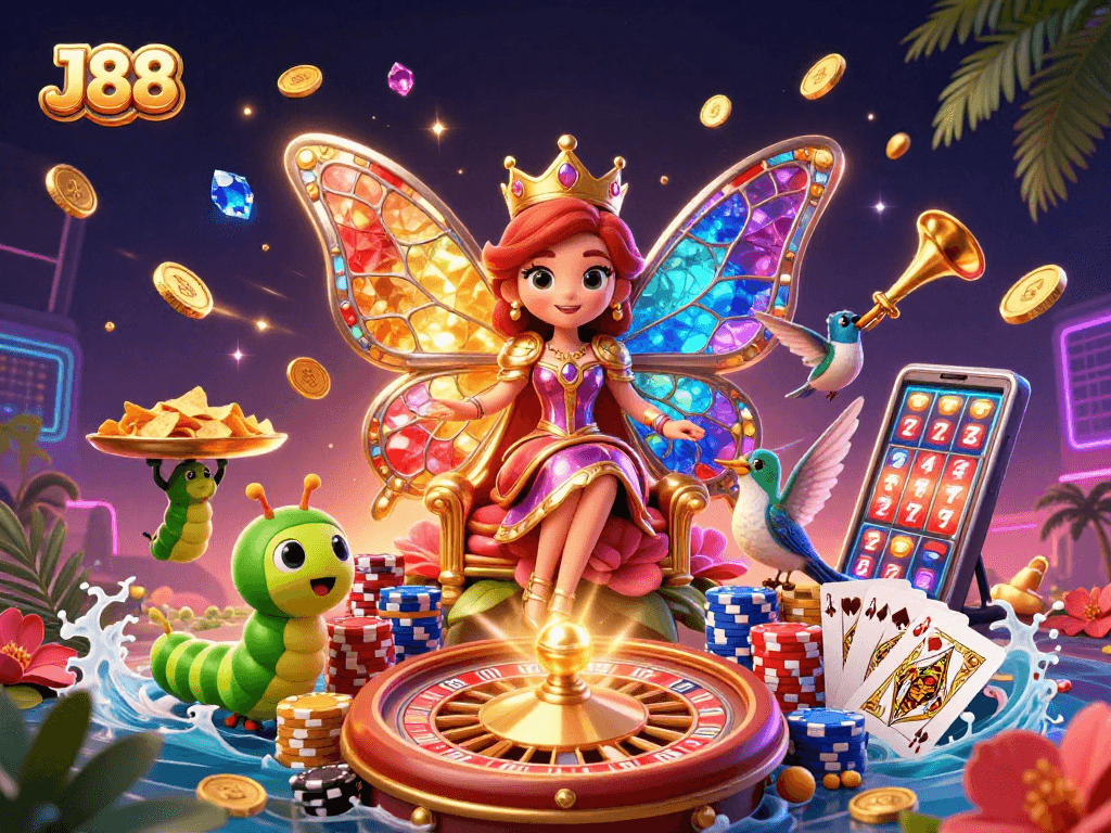 Experience J88's vibrant gaming scene with dazzling slots, jewels, and casino excitement.