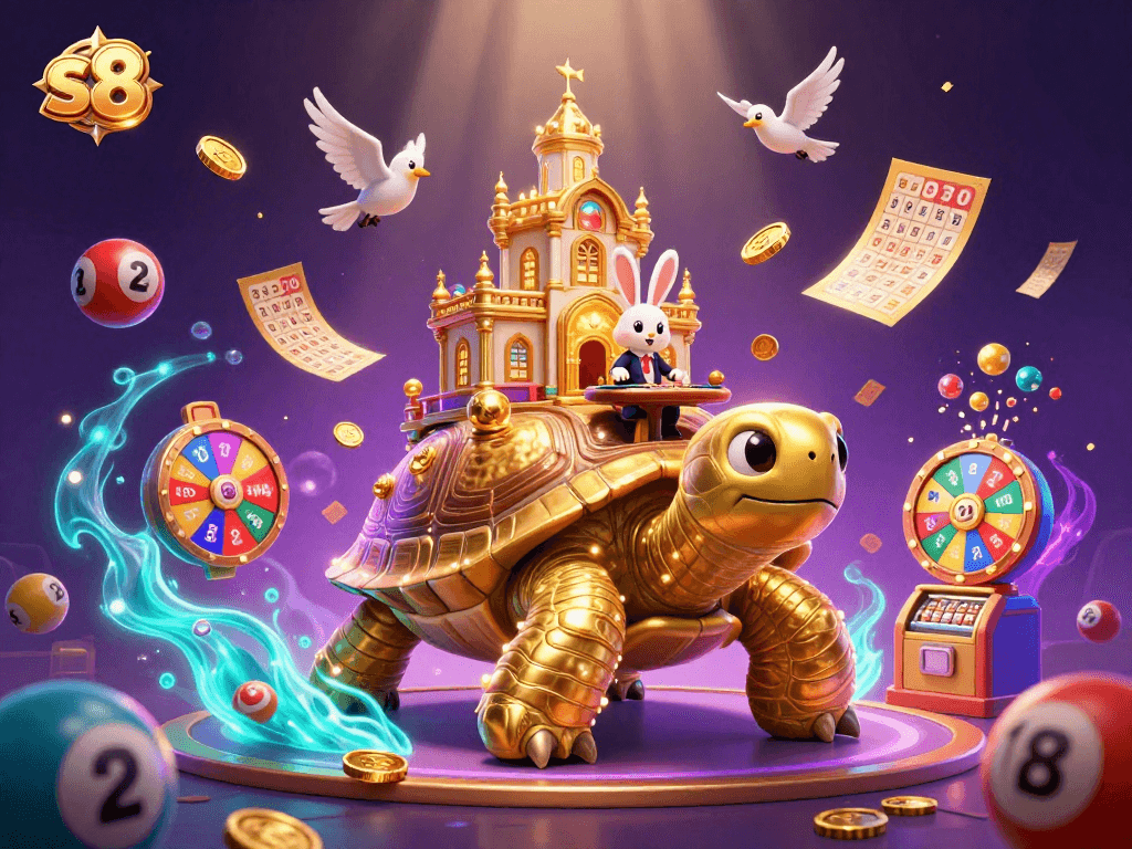 Engage in thrilling games at s8, featuring a dazzling 3D scene with colorful balls and casino elements.