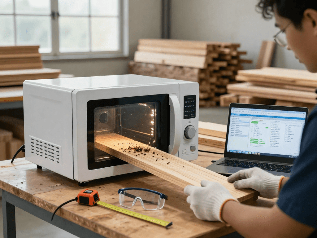 Shashel's microwave pest control technology eliminating wood pests in a workshop setting.