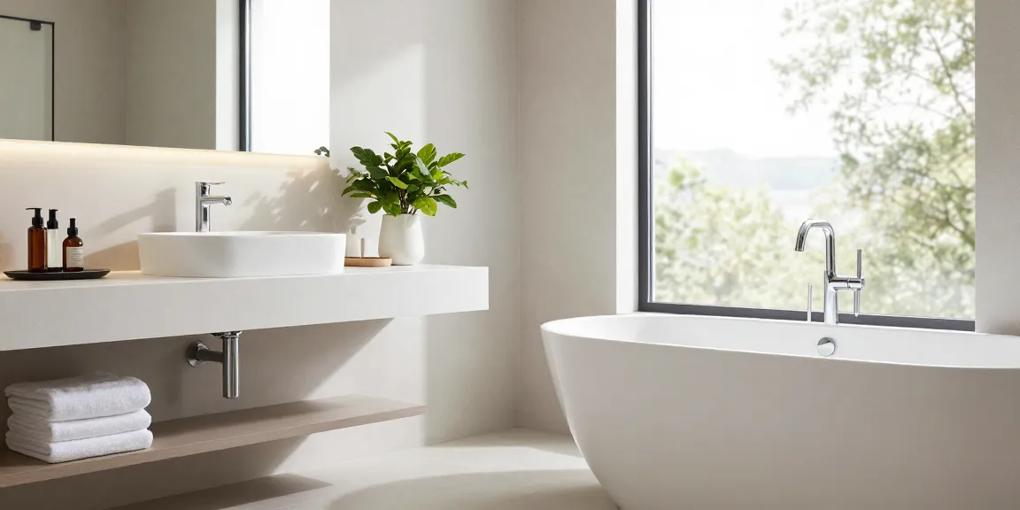 Elegant bathroom featuring KingKonree solid surface bathtub and wall basin with designer countertop.