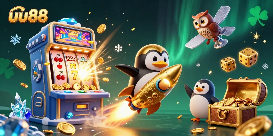 Spin and win with uu88, featuring a lively penguin tackling slots and jackpots.