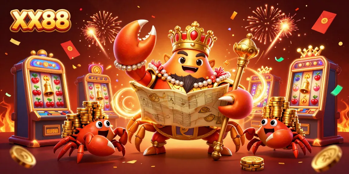 Engage in thrilling gaming at XX88 with vibrant spinning slot machines, treasure maps, and celebratory confetti.