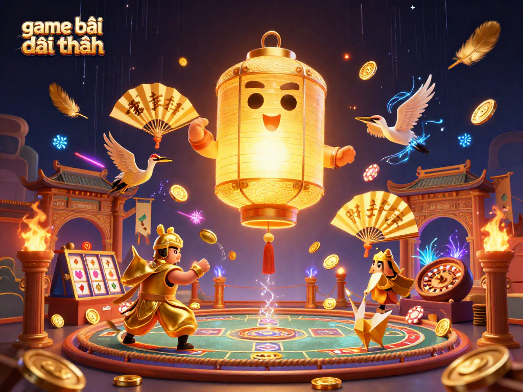Engage in game bài đổi thưởng with a vibrant 3D scene featuring a golden lantern spirit and dynamic casino elements.
