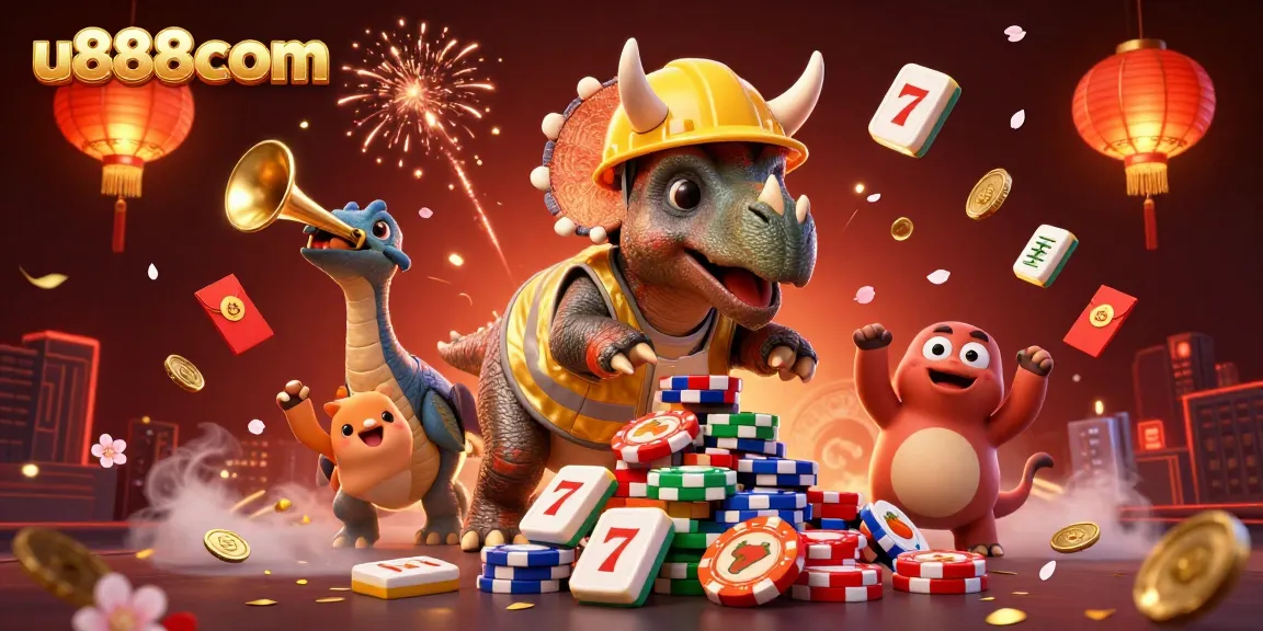 u888com showcases a celebratory triceratops building poker chips in a vibrant casino-themed scene.