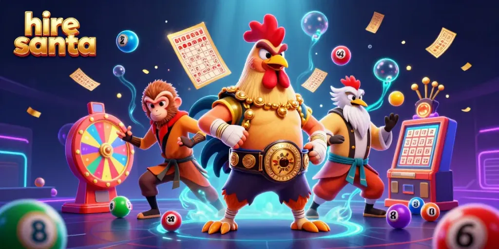 Engaging scene illustrating characters as they hire Santa entertainers while surrounded by colorful casino elements.