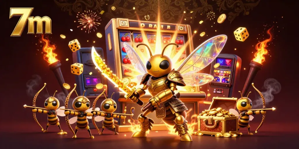 Experience thrilling wins with 7m's vibrant 3D illustration featuring a golden hornet samurai amidst a jackpot explosion.
