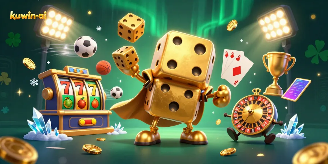 Kuwin-ai features a lively 3D illustration of golden dice characters amidst slot machine excitement, showcasing dynamic gambling visuals.