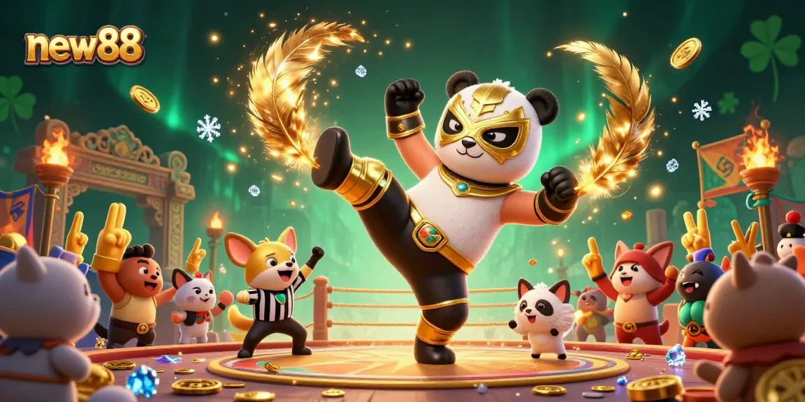 Engage with new88's vibrant gaming scene, featuring a panda wrestler and animal fans cheering.