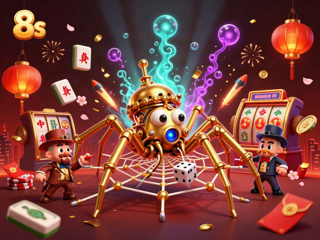 Immerse yourself in the captivating world of 8s gameplay with a steampunk spider and vibrant casino elements.