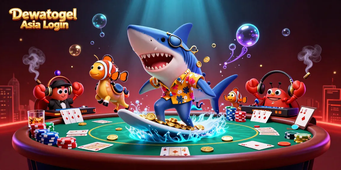 Dewatogel Asia Login while a shark and clownfish enjoy an underwater casino party with poker elements.