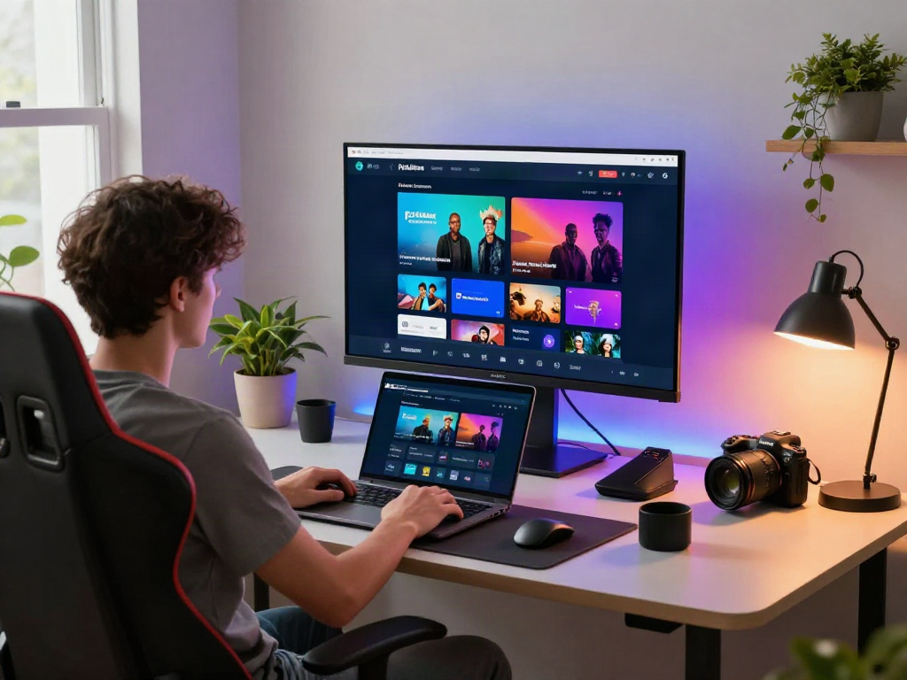 Enjoying PickAShow PC app on a large monitor in a stylish workspace