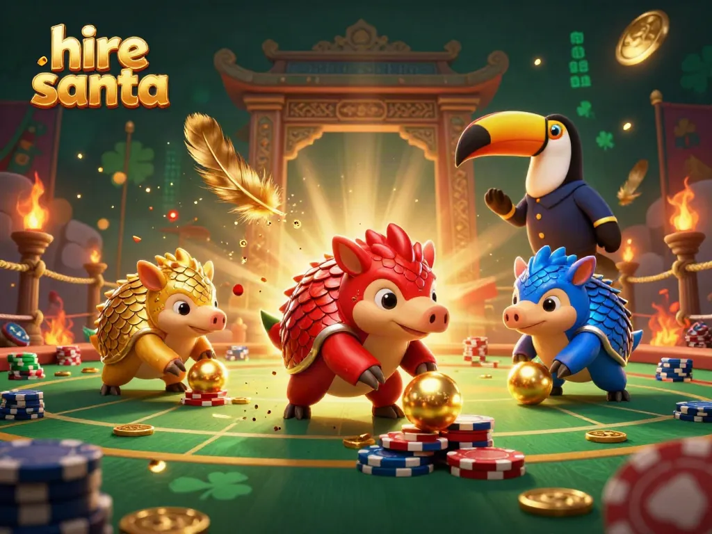 Engage the holiday spirit by hiring Santa for your event amidst a vibrant casino-themed illustration.