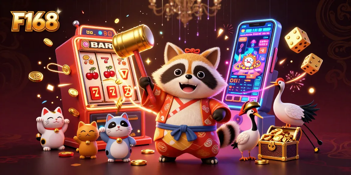 Experience thrilling gameplay at F168 with a vibrant 3D scene featuring tanuki, lucky symbols, and a jackpot.