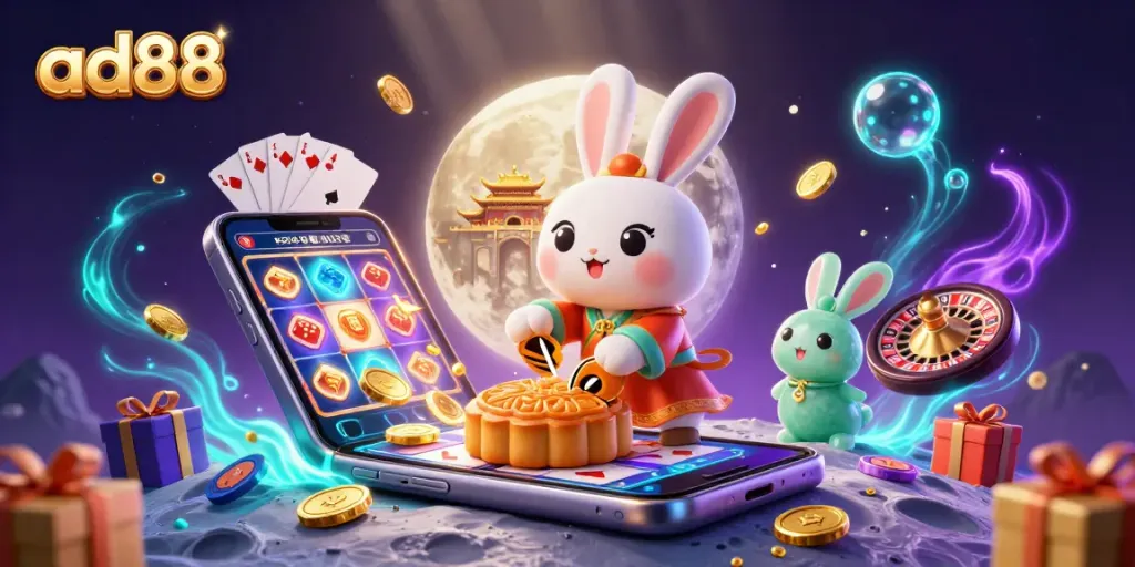 Experience the enchanting ad88 casino moonlit scene with poker chips and slot games.