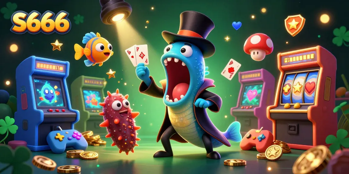 S666 players enjoy vibrant card tricks from an eel and anglerfish duo amid arcade gaming excitement.
