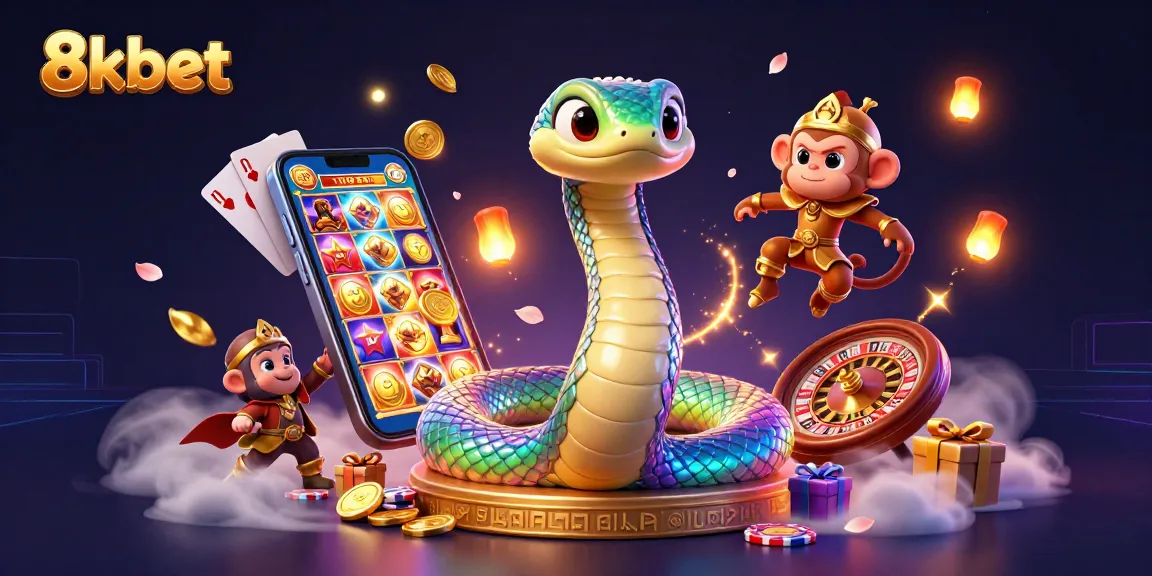 Engage with 8kbet's colorful slot games and vibrant casino atmosphere with our dynamic 3D illustration.