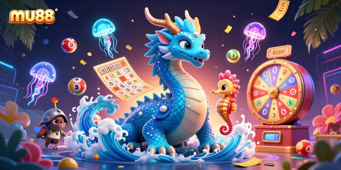 Engage in exciting lottery action with mu88 players and characters amid dynamic casino elements.