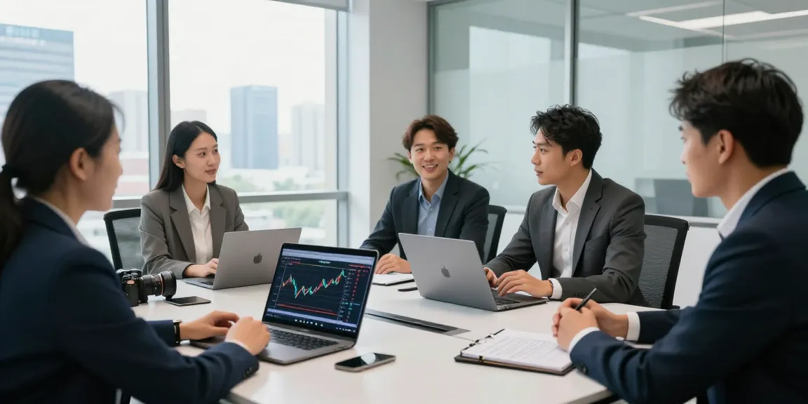 Engaged investors discussing how to buy in BRICS crypto during a meeting in a modern office setting.