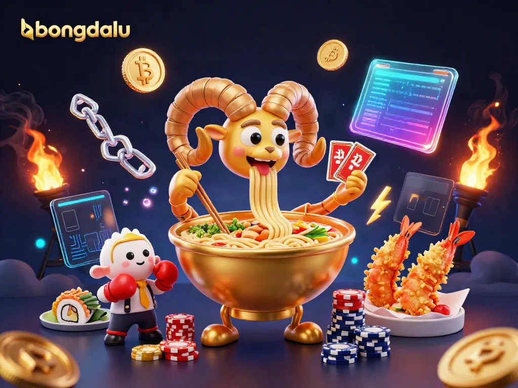 Bongdalu features a lively 3D digital scene with a giant golden ramen bowl character engaging in a gambling atmosphere.