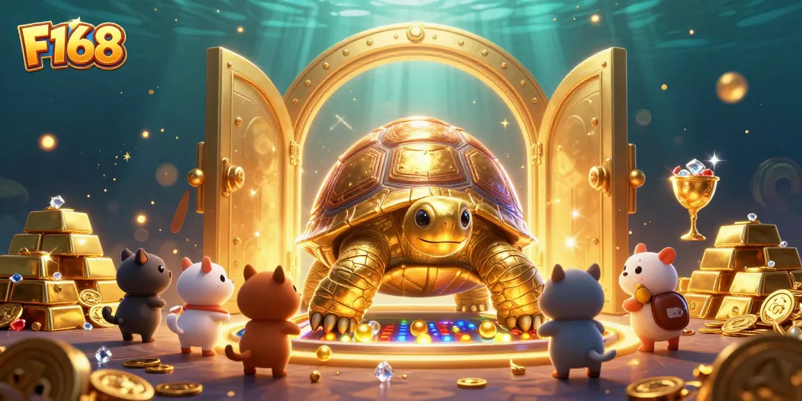 Engage with F168's thrilling gaming experience featuring a colossal tortoise pinball machine surrounded by sparkling treasures and animated characters.