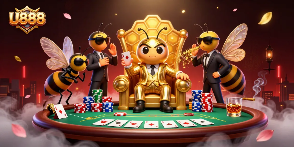 Experience the thrilling world of U888 poker with our unique bumblebee mob boss among colorful chips.
