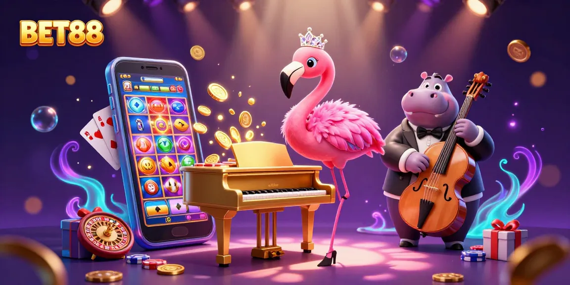 Join the vibrant energy at BET88 with a lively flamingo singer and hippo bassist amidst casino games.
