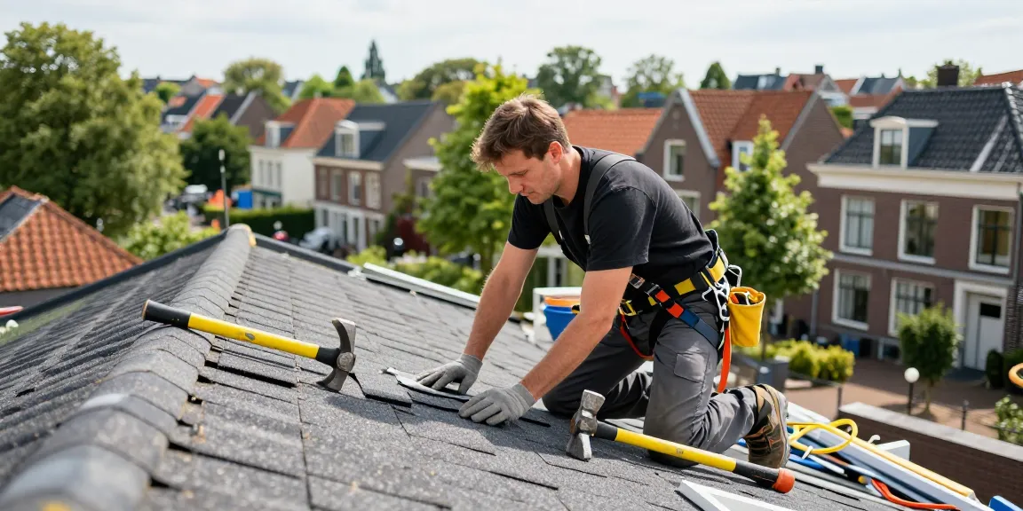 Expert dakdekker den haag inspecting a residential roof with tools and safety gear.