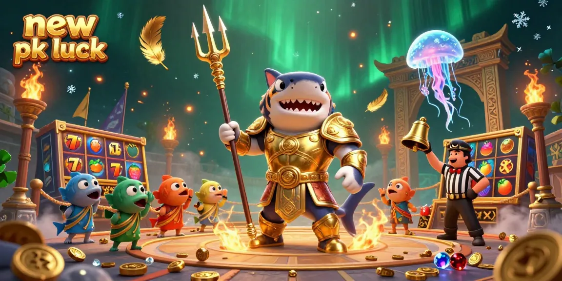 Experience thrilling gameplay at new pk luck with a vibrant underwater casino scene featuring a shark and golden trident.