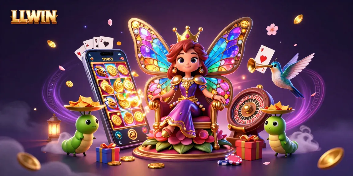 LLWIN players enjoying a vibrant casino scene with colorful slot games, golden coins, and a magical atmosphere.