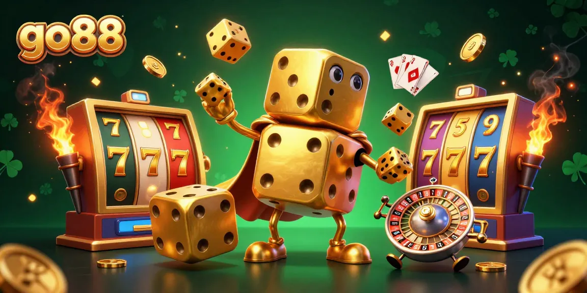 Engaging golden dice golem and roulette-ball character showcasing go88 slots and gaming elements