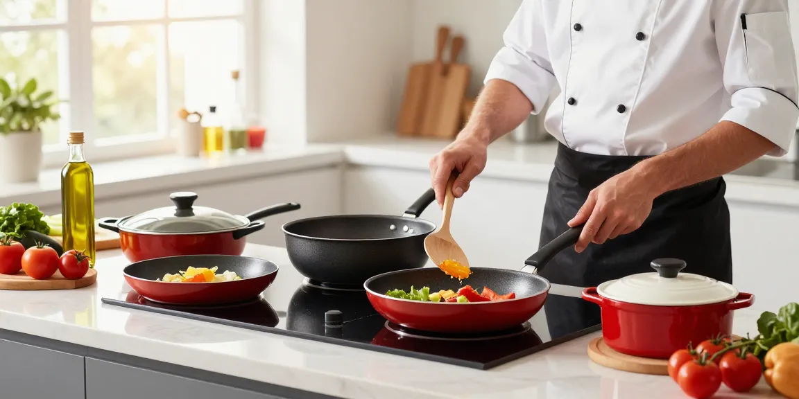 Non-Stick Cookware price in bangladesh displayed elegantly in a modern kitchen with chef cooking.