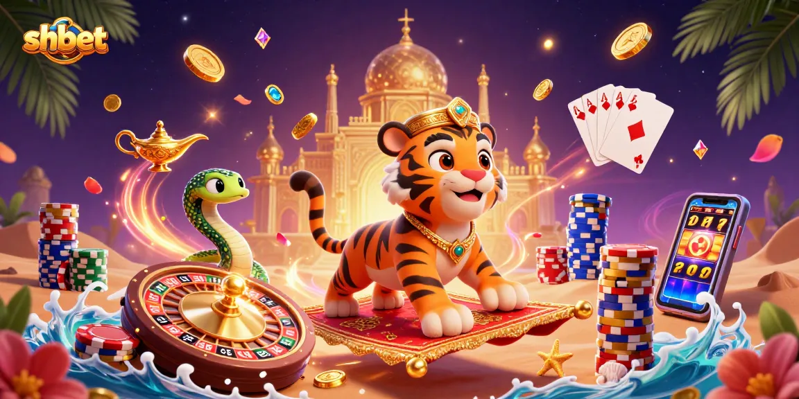 Engage in thrilling gameplay with shbet featuring a tiger sultan, magic lamp snake and casino elements.