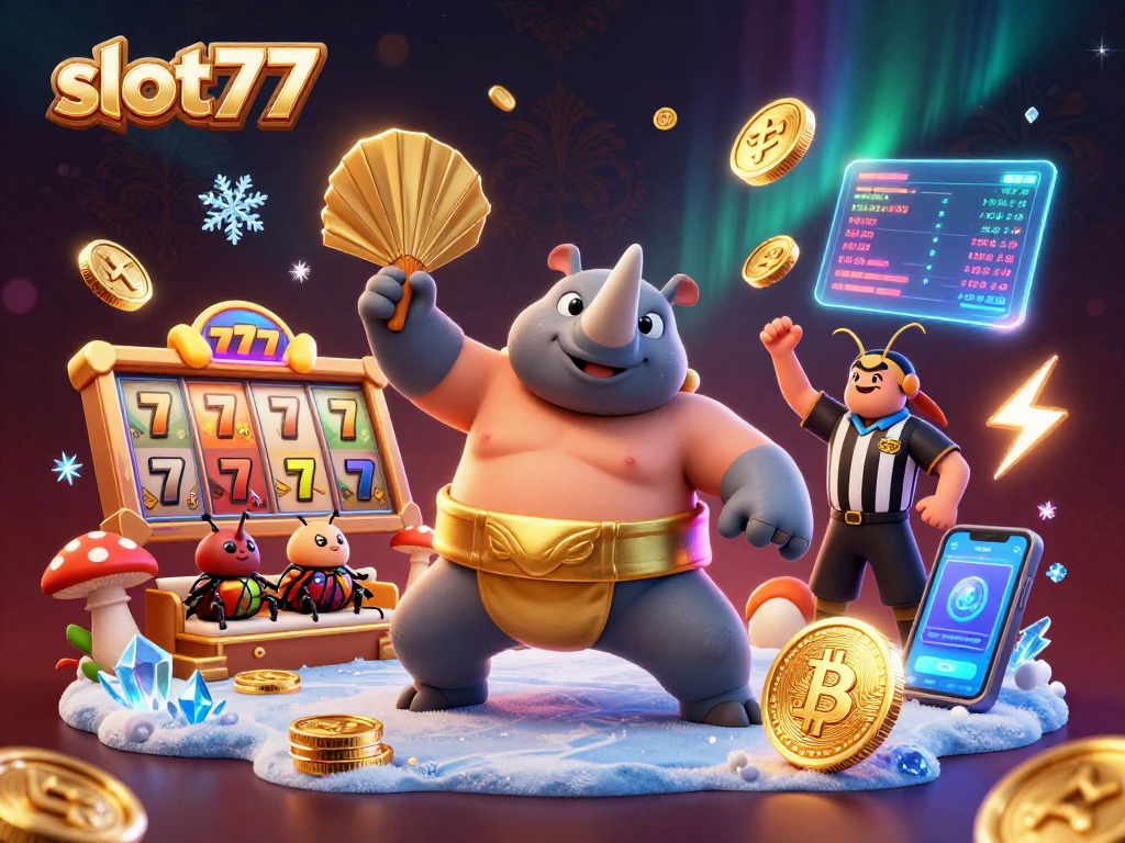 Experience thrilling action with slot777 featuring a sumo champion beetle in a vibrant casino scene.