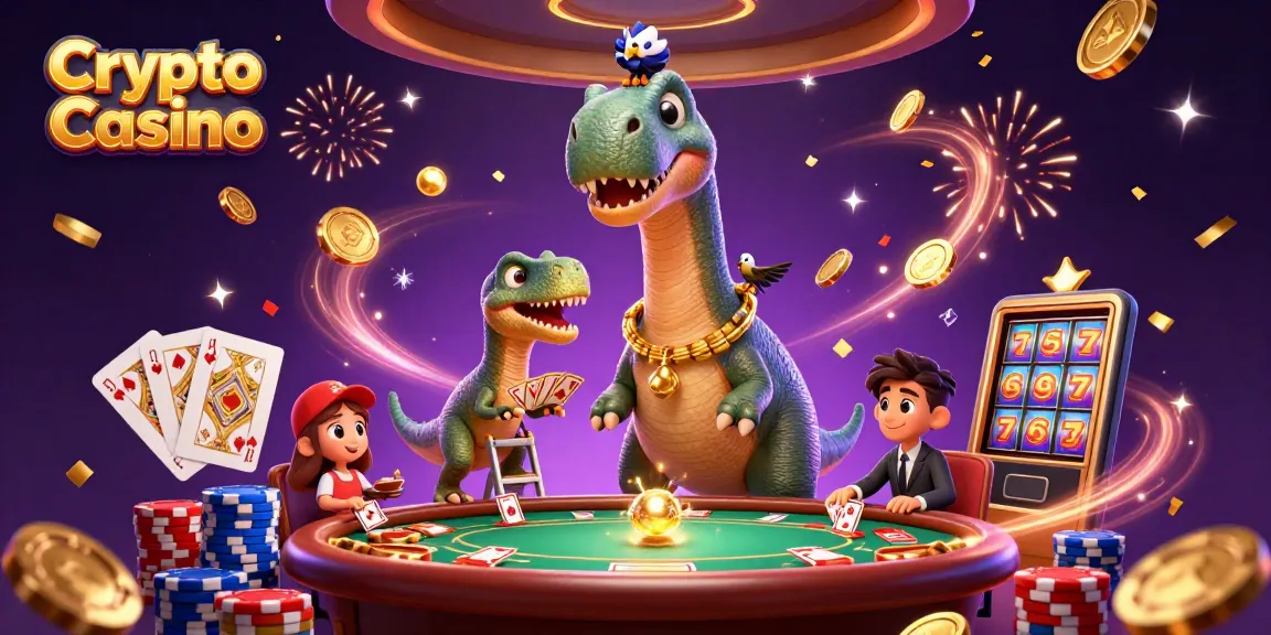 Experience the excitement of a Crypto Casino with a giant brontosaurus and raptor dealer in a vibrant setting.