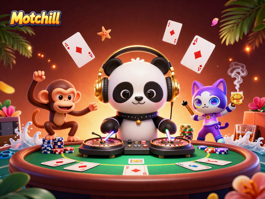 Experience thrilling games with Motchill's vibrant casino illustration featuring colorful characters and gaming elements.