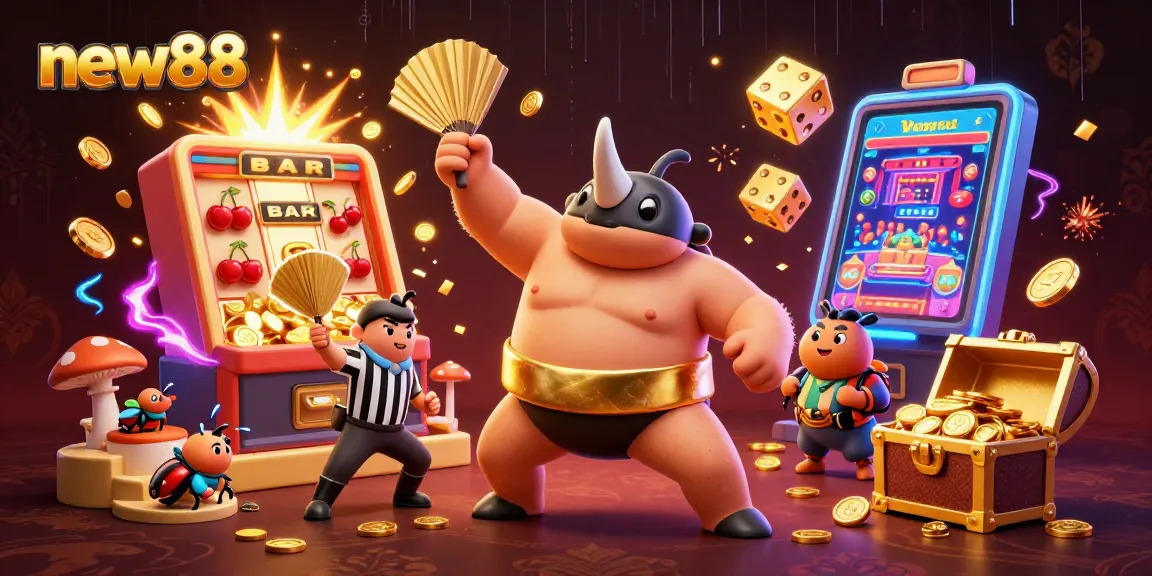 Experience thrilling bets with new88, showcasing a powerful sumo champion beetle amidst a jackpot explosion.
