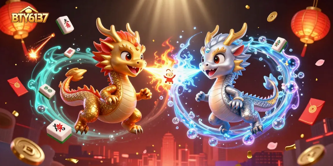 Engage with BTY6137 in this vibrant casino scene featuring dragon duel and floating fortune elements.