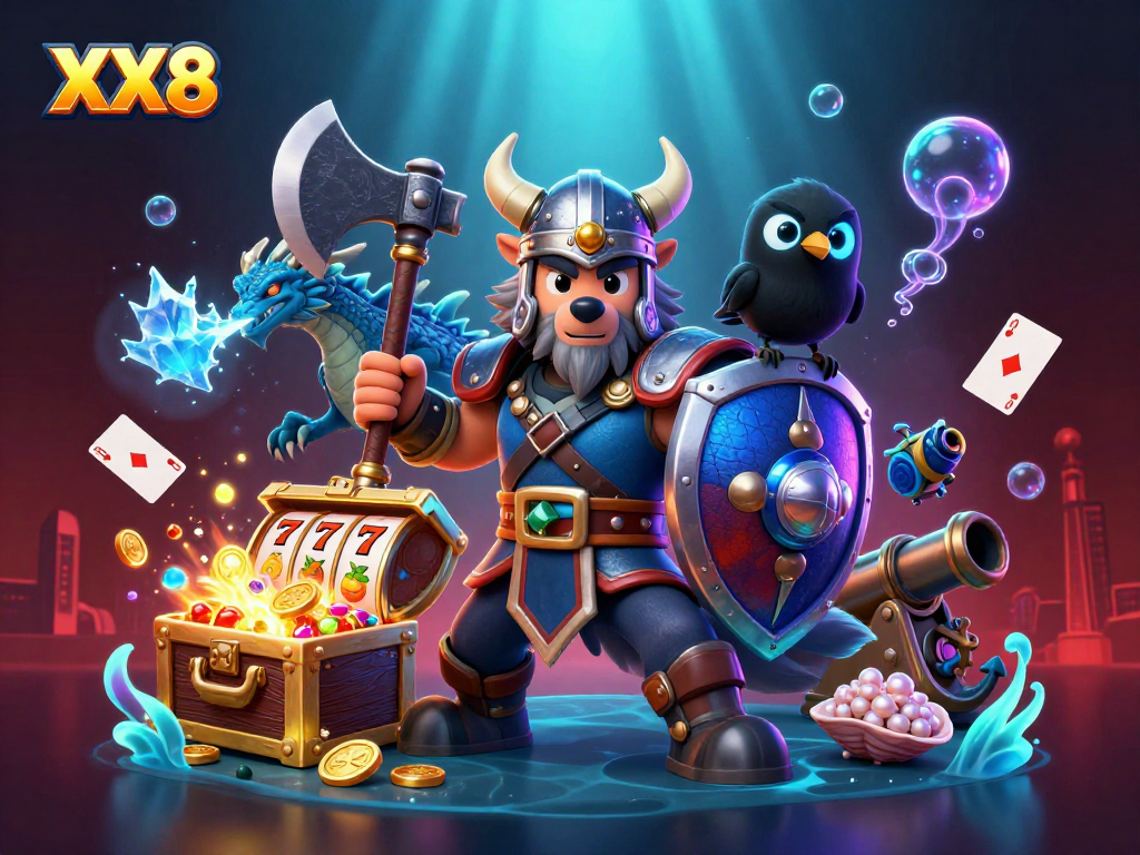 Win big with XX8 in this vibrant 3D casino-themed illustration, featuring dynamic characters and rich gameplay elements.