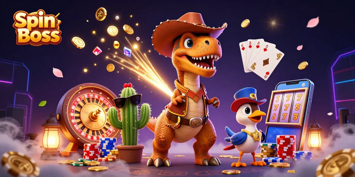 Engage in thrilling games at Spin Boss Casino featuring dynamic elements like coins and a roulette wheel.