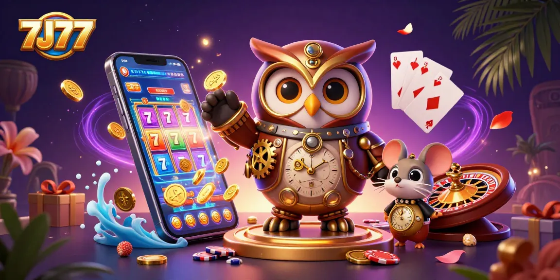 Reveal exciting slots action at 7J77 with a time-traveling casino scene full of treasures.