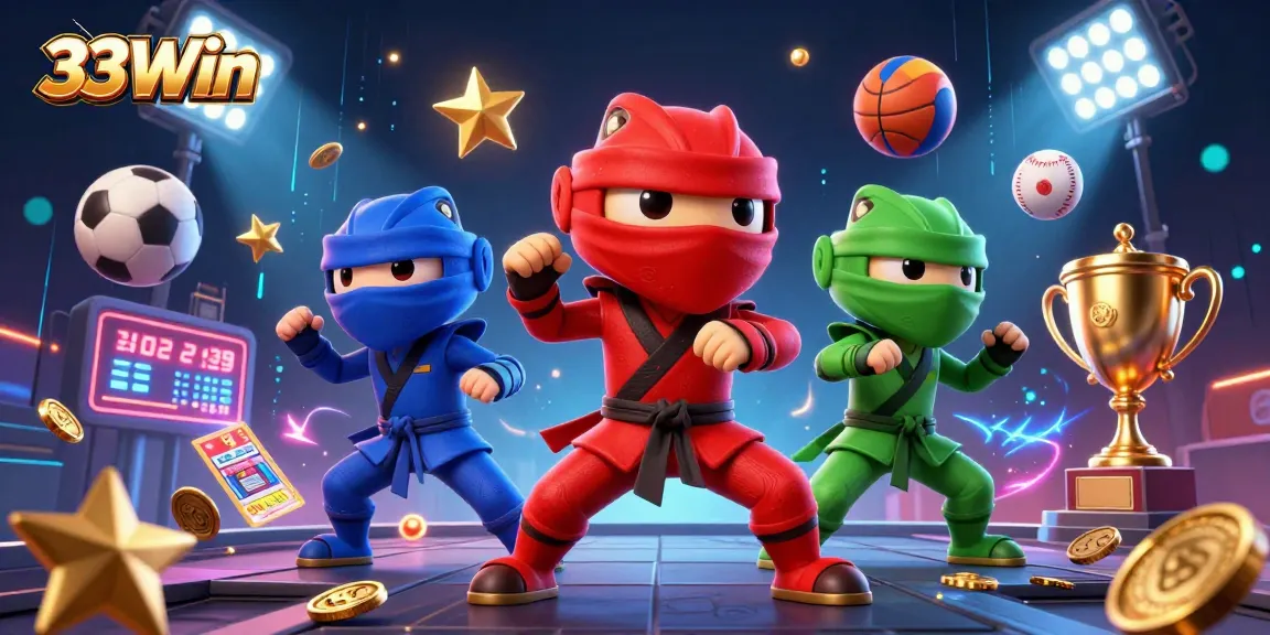 Catch thrilling moments with 33Win as ninja chameleons showcase synchronized martial arts in a vibrant 3D casino scene.