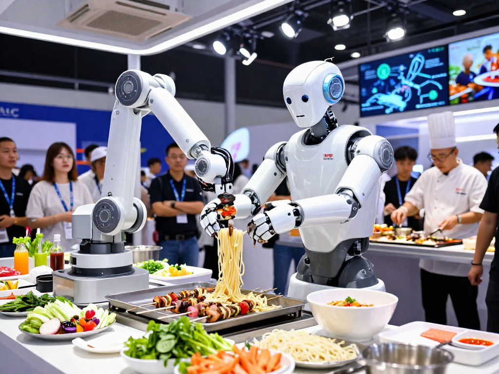Robot24 showcases a humanoid robot preparing noodles and kebabs at WAIC 2026, highlighting culinary robotics innovation.