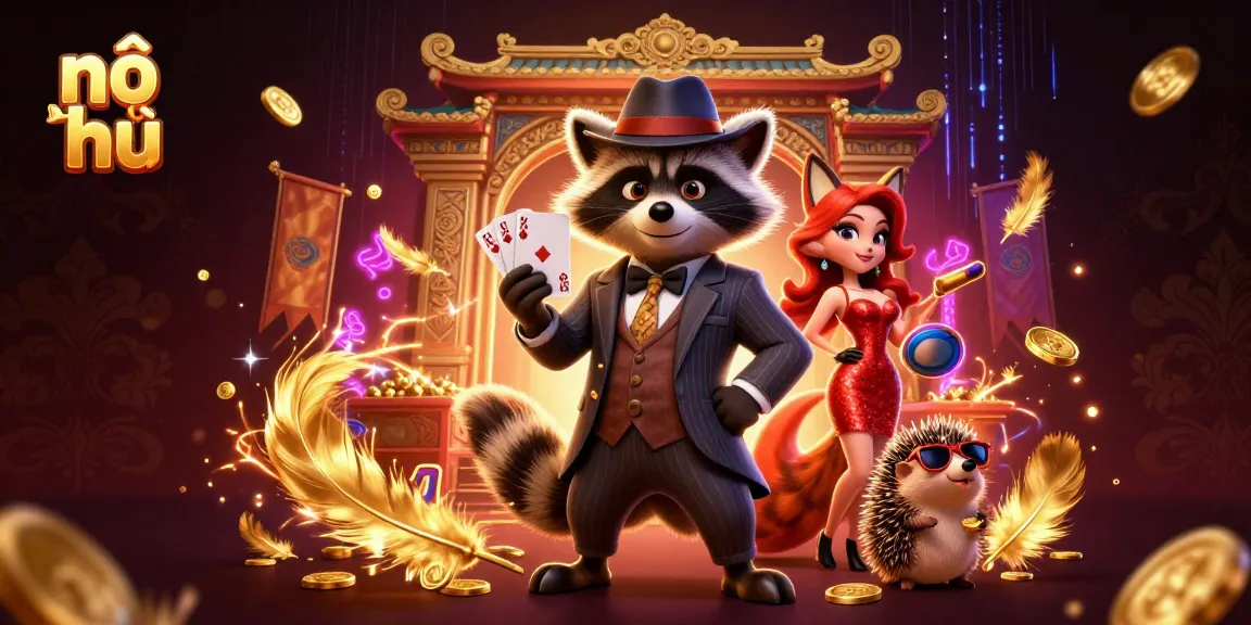Engage in thrilling nổ hũ gameplay with colorful characters and dynamic casino elements in an energetic scene.