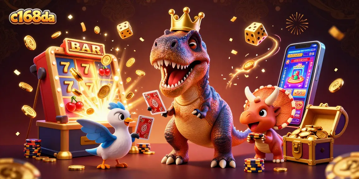 Join the fun at c168da, where the friendly T-Rex shuffles cards, and tons of golden chips await!